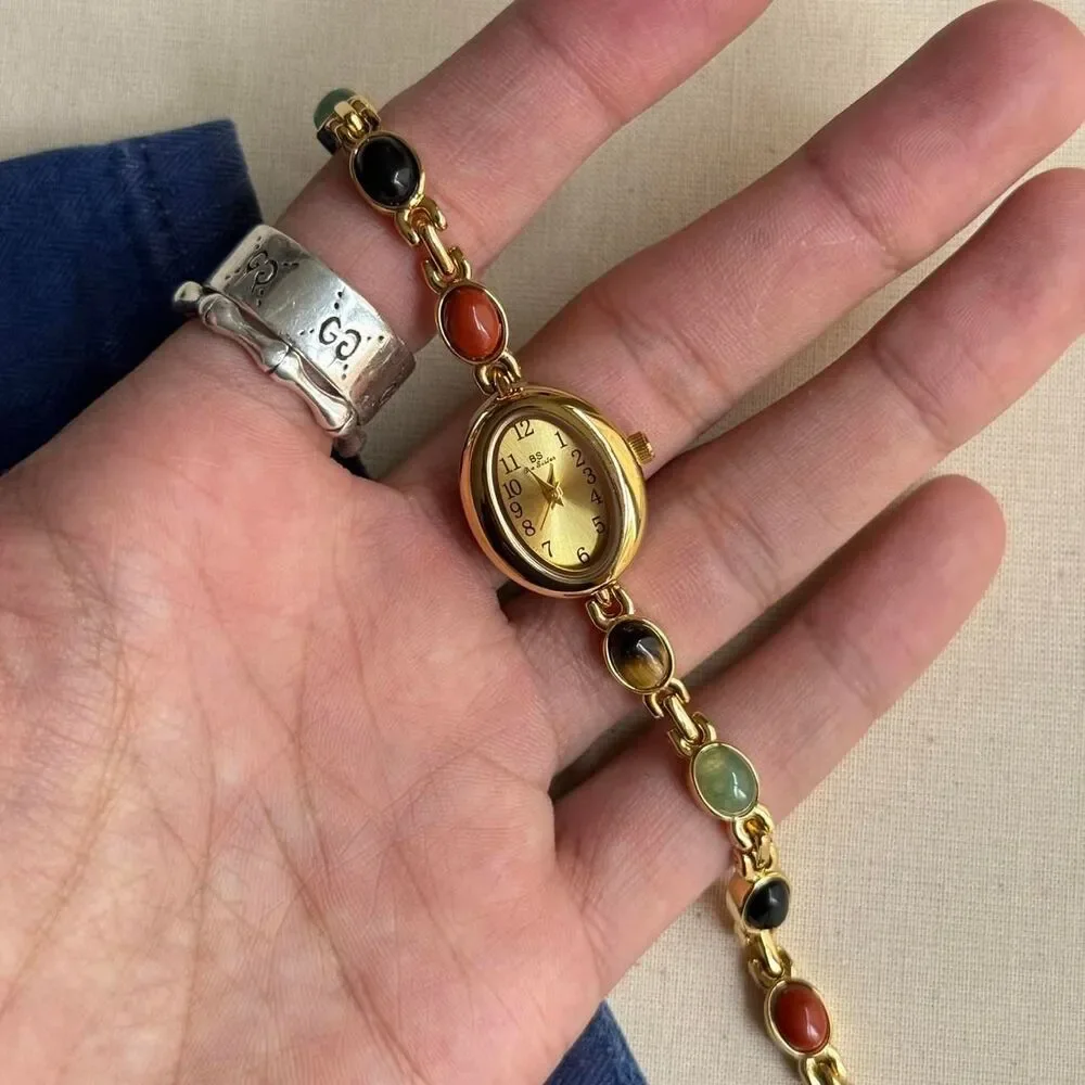 y2k cute gold round stainless steel quartz multi color stone charm watch